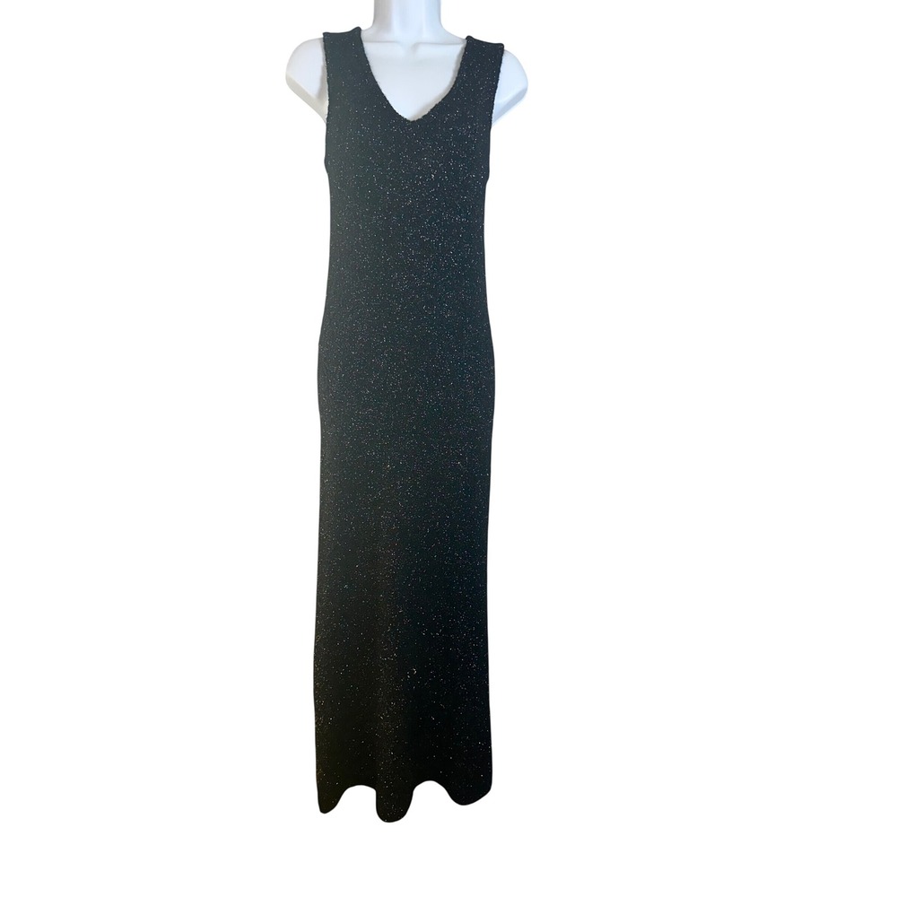 Creatures of Comfort Black Gold Metallic Wool Knit Sleeveless Maxi Dress XS